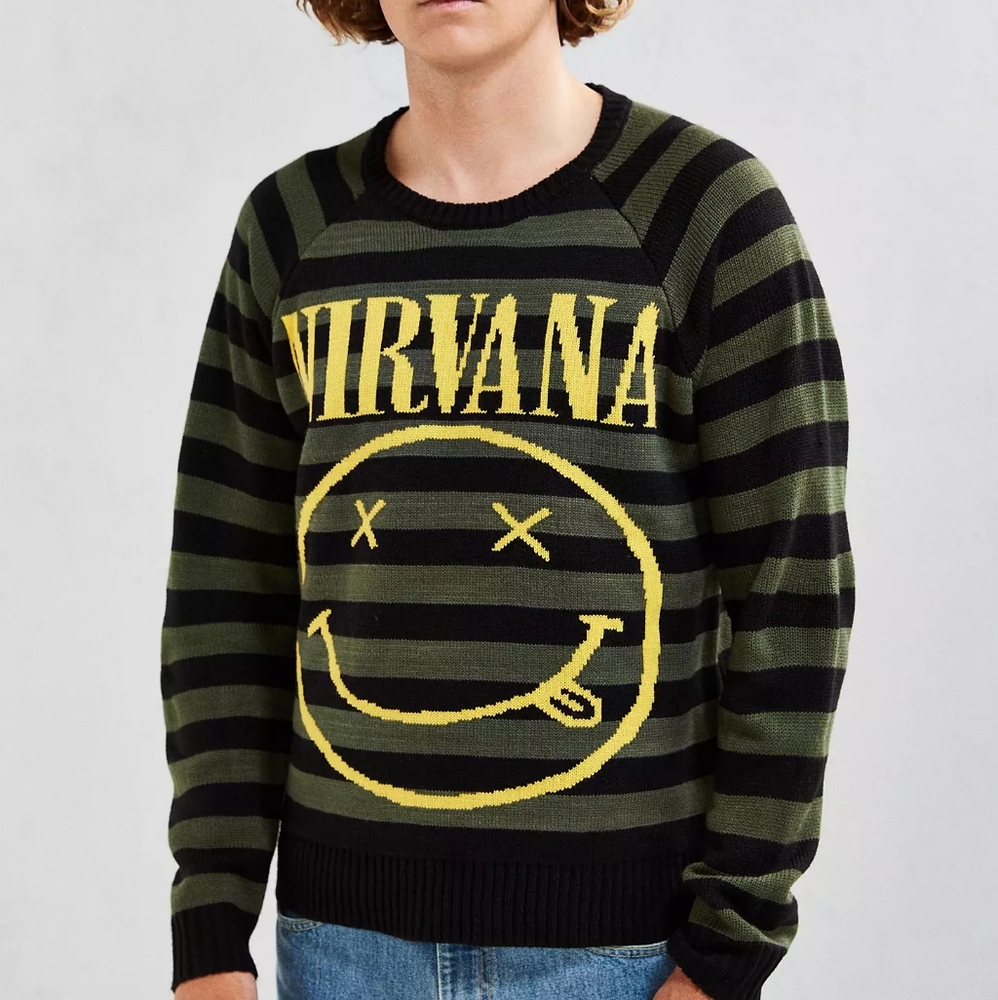 Nirvana 90s Smiley Striped Sweater in Black and Green - Picture 5 of 6